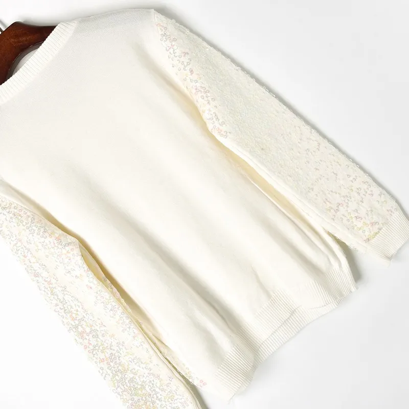 Подиум белоснежный свитер с пайетками Женский Повседневный винтажный джемпер с вышивкой бисером Женский Зимний пуловер Pull Femme Hiver
