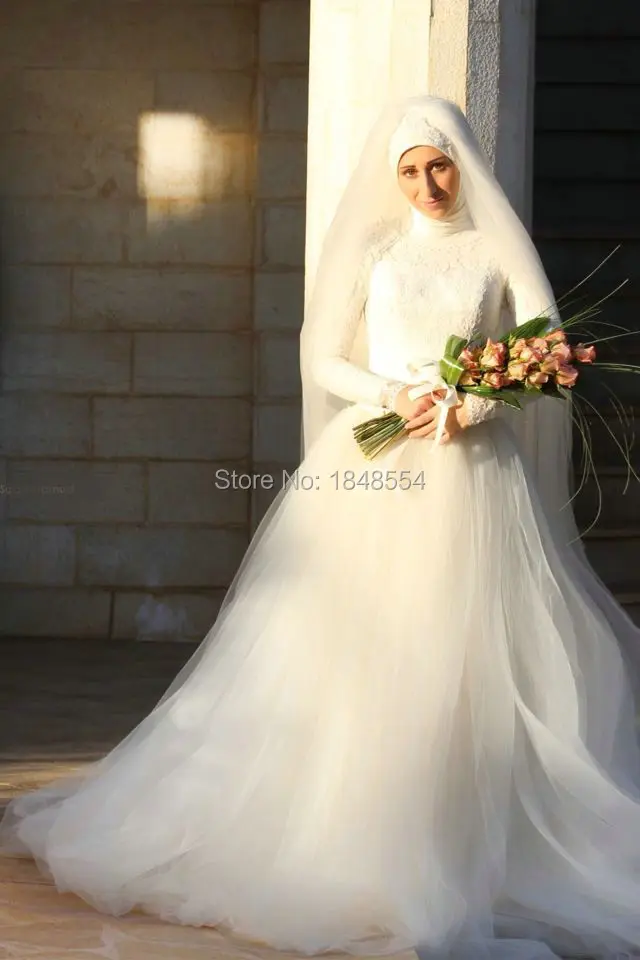 MZY305 A line Tulle Long Sleeves Zip Back High Neck font b Hijab b font Muslim