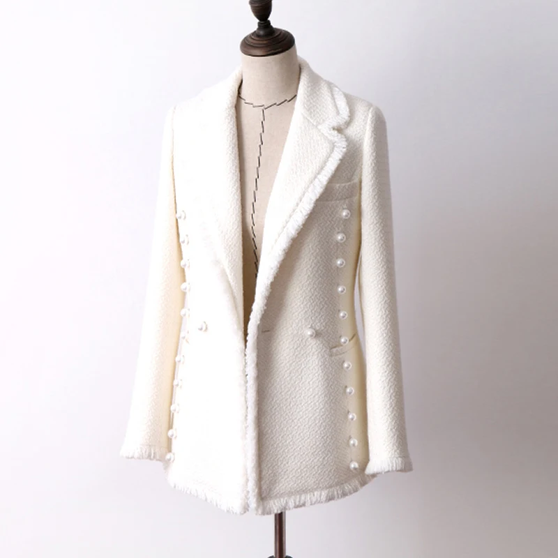 

White wool tweed jacket Double-breasted pearl Buckle autumn and winter women's jacket new fashion lapel ladies jacket