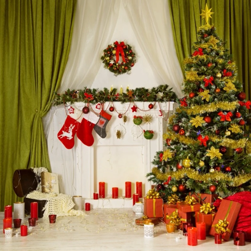 

WHISM Christmas Photography Backdrop 5x7ft(152x213cm) Christmas Sock Tree Gift Fireplace Photography Background for Photo Studio