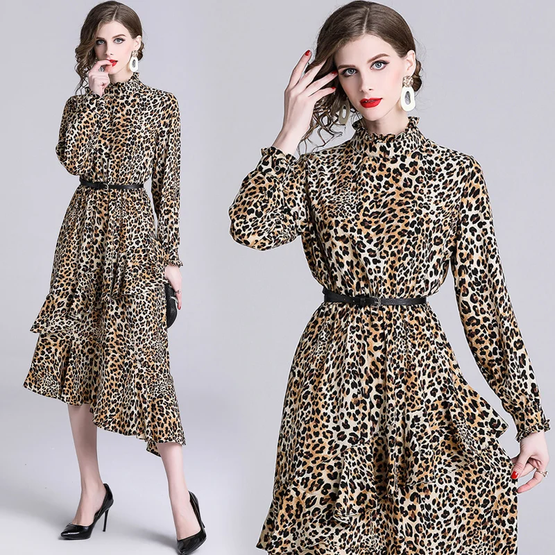 

early spring new fashion long-sleeved leopard grain cultivate one's morality dress