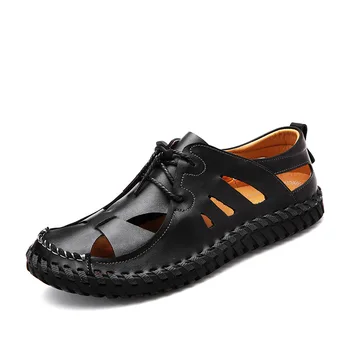 

New 2019 Spring Summer Beach Shoes Solid Black Brown Cow Leather Sandals Men's Flats Men Casual Shoes Genuine Leather Sandals