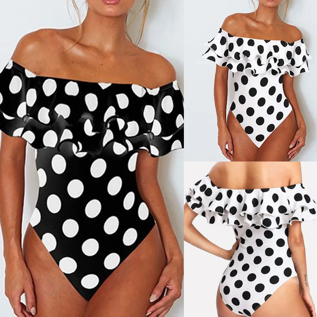 

2019 sexy dot print off shoulder swimsuit Women plus size Swimming Costume Padded Monokini Push Up Bikini Set Swimwear Beachwear
