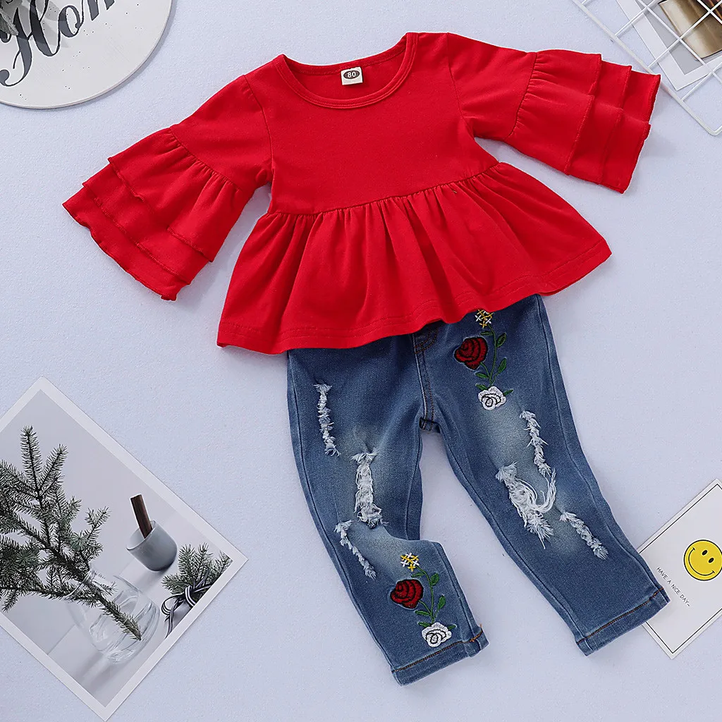Комплект одежды для маленьких девочек, Детская футболка с оборками для маленьких девочек топы+ джинсовые штаны с цветочной вышивкой детская одежда из 2 предметов для детей 1, 2, 3, 4 лет