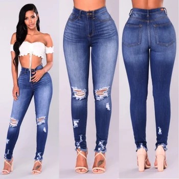 

2018 ripped fashion Jeans Women Classic High Waist Skinny Pencil Blue Denim Pants washed Jeans women plus size big hip style