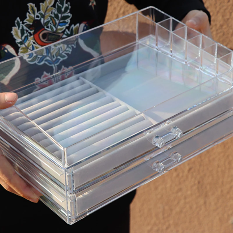 Mordoa многофункциональная бархатная коробка для хранения ювелирных изделий с 2 ящиками, простая акриловая коробка для хранения ювелирных изделий, сережек, помады, косметики