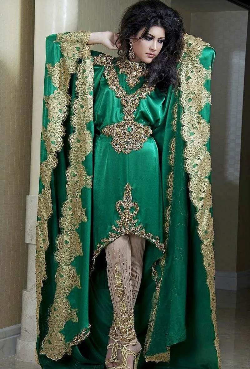 Luxcury Golden Appliques Embroidery Arabic Evening Dresses Emerald