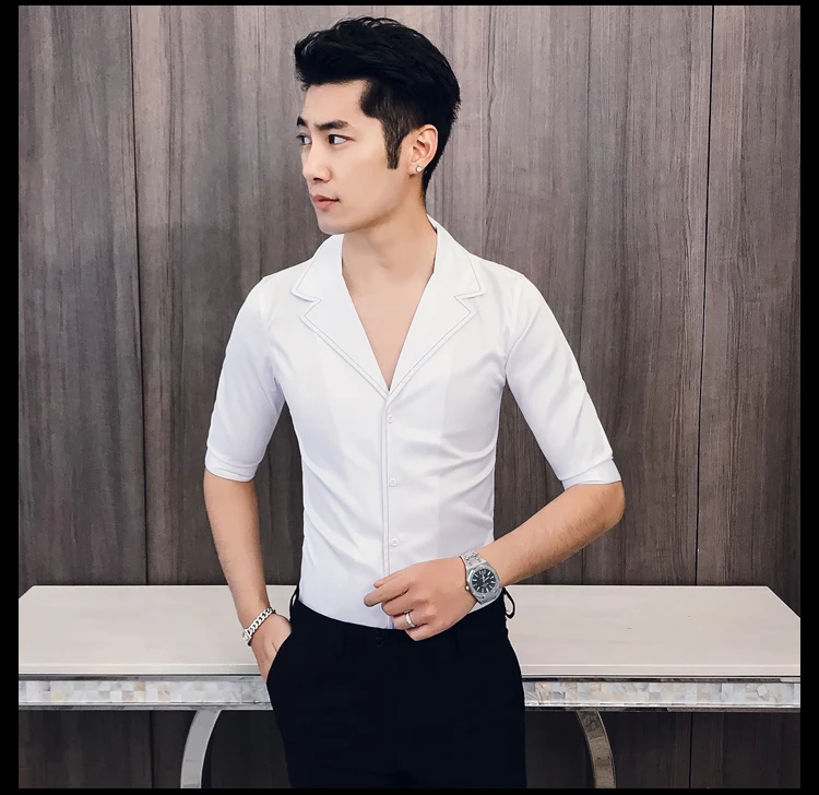 Solid Color Seven-quarter Sleeve Shirt Man Kemeja Pria Camisa Masculina Suit Collar Casual Style Half Sleeve Mens Camisa Hombre