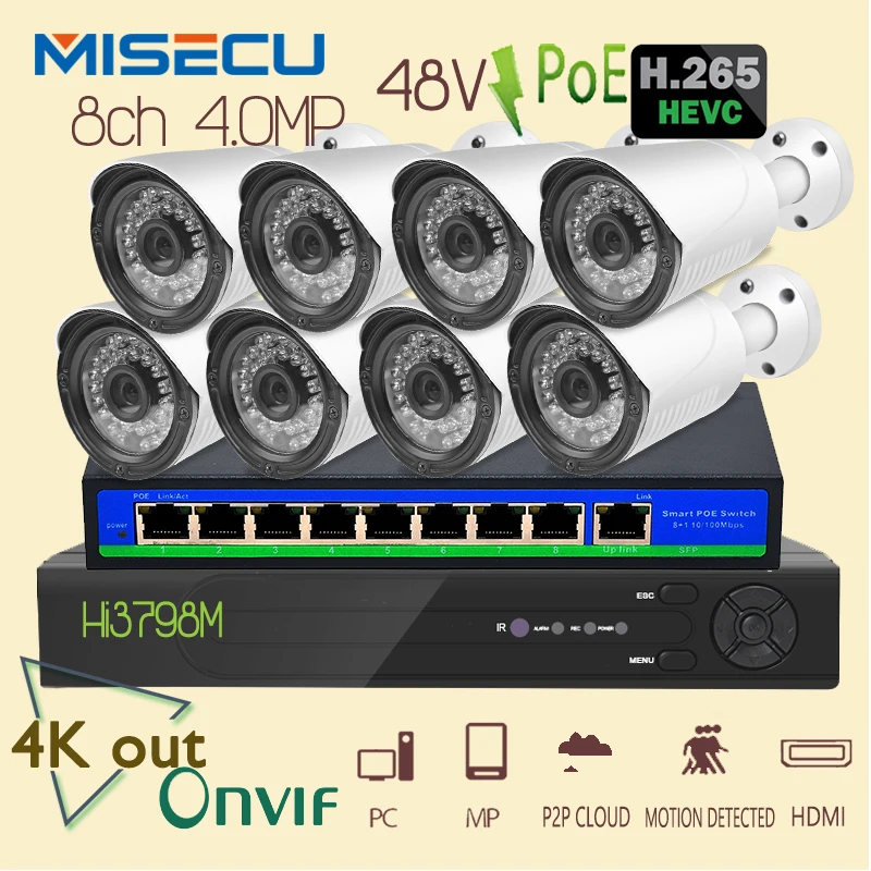 Latest 4K H.265 4.0MP 48V 8ch POE Surveillance System NVR+POE switch+PoE Camera HI3516D OV4689 P2P HDMI Metal 36pc IR PC&Phone