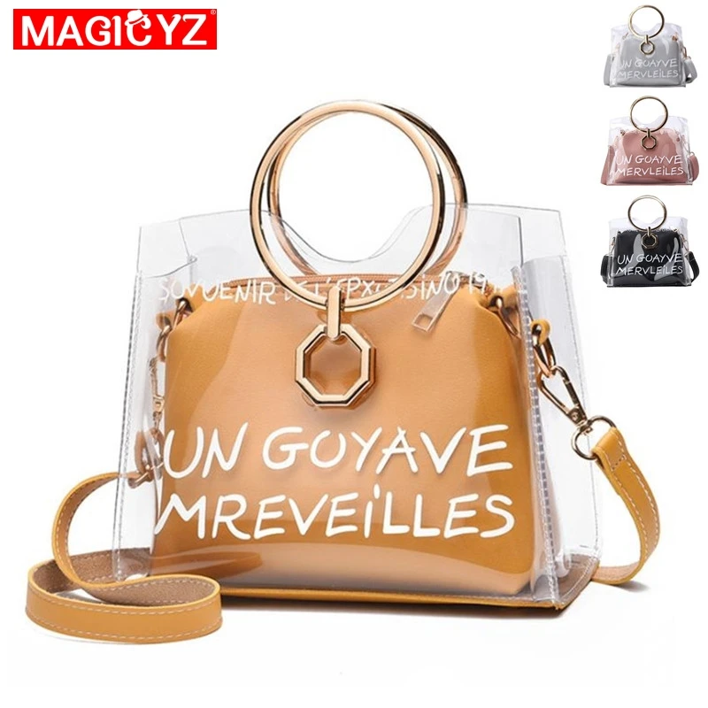 حلقة معدنية واضح شفاف PVC النساء أكياس إلكتروني هلام 2 مجموعات النساء رسول Crossbody حقيبة الأعلى مقبض مركب الإناث بولسا حلقة معدنية واضح شفاف PVC النساء أكياس إلكتروني هلام 2 مجموعات النساء رسول Crossbody حقيبة الأعلى مقبض مركب الإناث بولسا