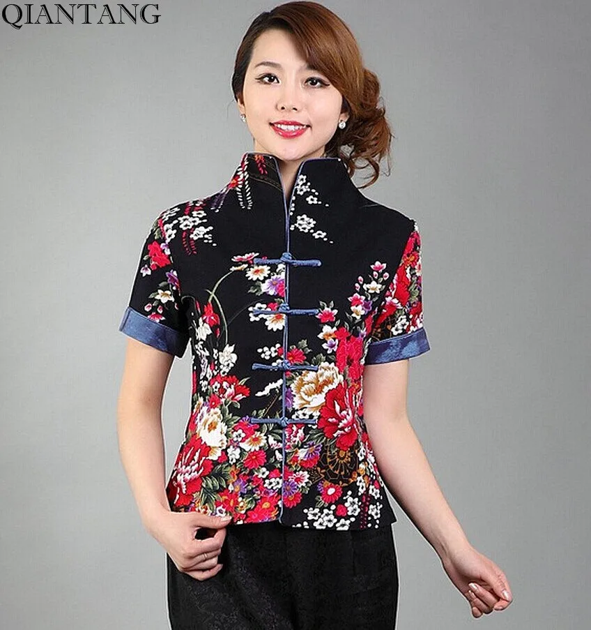 Новое поступление черные Винтаж китайский Для женщин хлопковая рубашка с v-образным вырезом Топ Рубашка с короткими рукавами цветок Размеры S M L XL XXL XXXL Mny-003B