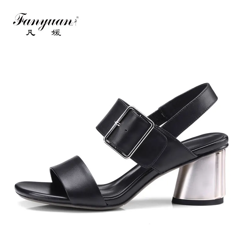 

Fanyuan New Arrivals Ladies High Heels Sandals Chic Genuine Leather Buckle Summer Shoes Women Round Heels Casual Daily Shoes