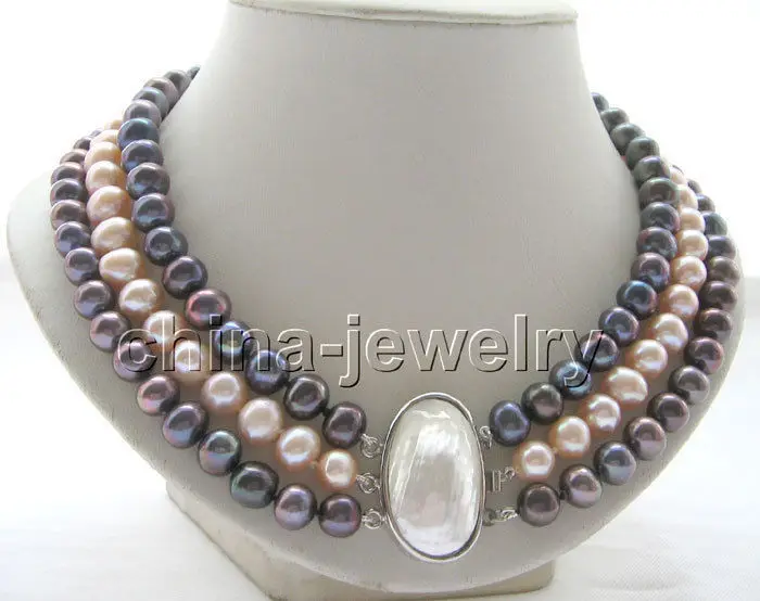 

HOT## Wholesale FREE SHIPPING 19"3row 10mm natural black pink round freshwater pearl necklace