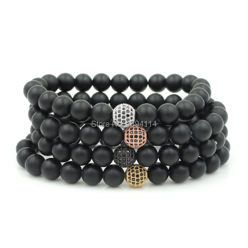 8mm Micro Pave Black CZ Round Ball Beads & Frosted Agat e Round Beads