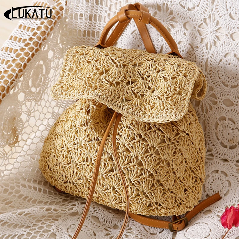 

LUKATU Rattan bag Handmade Woven Hollow Embroidery Shoulder Bag Summer Beach Pattern Package For Women Bolsa Feminina