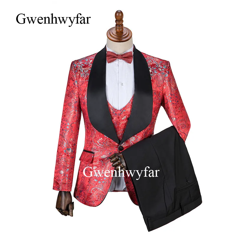 Gwenhwyfar Jacquard Flower Black Costume Slim Fit Double Breasted Vest Formal Male Suit Mens Groom Tuxedos Suit For Wedding - Цвет: same as picture