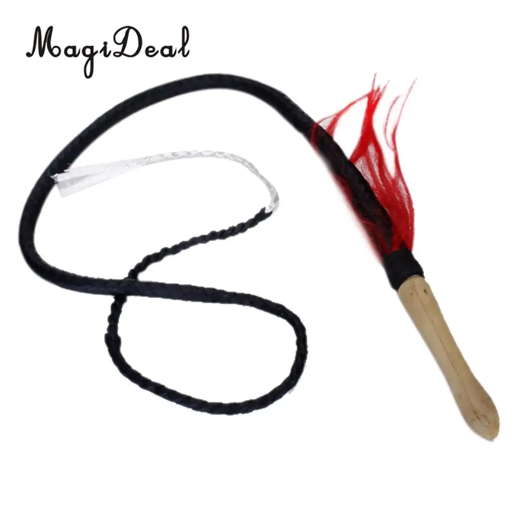 MagiDeal 6ft Outdoor Black Braided Leather Whip Bullwhip w/ Wooden Handle for Camping Hiking Equipment Accessories Black