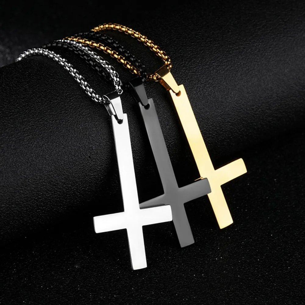 

Hot Sell Simple Men Women Silver/Gold/Black Male Black St Peter's Inverted Cross Crucifix Pendant Necklace Chain Boy Jewelry