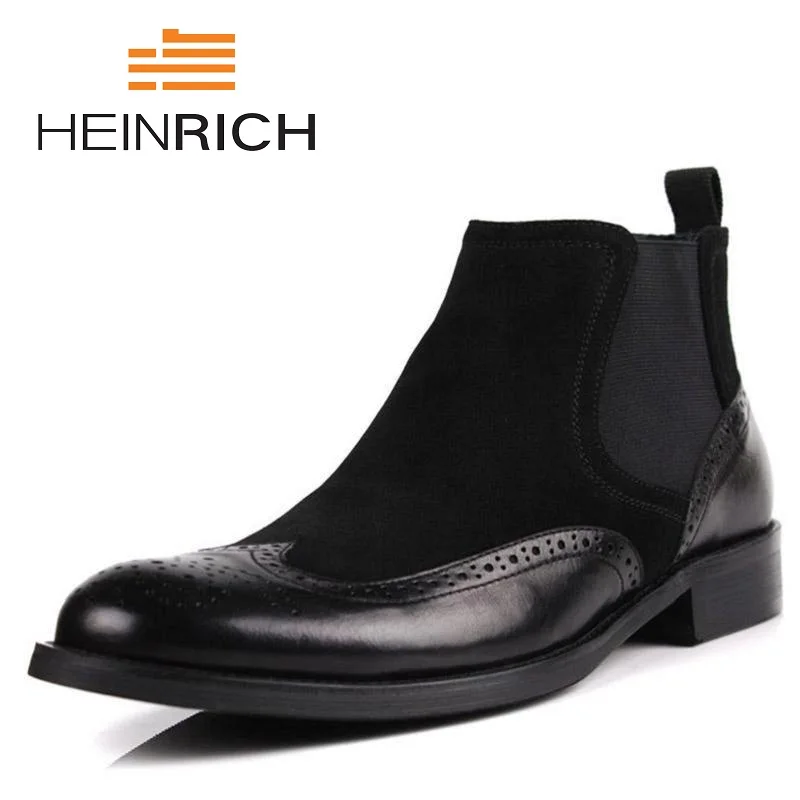 

HEINRICH Chelsea Boots Pointed Toe Men Patchwork Leather Black Brand Quality Solid Spring Slip-On Ankle Boots Bottes Moto
