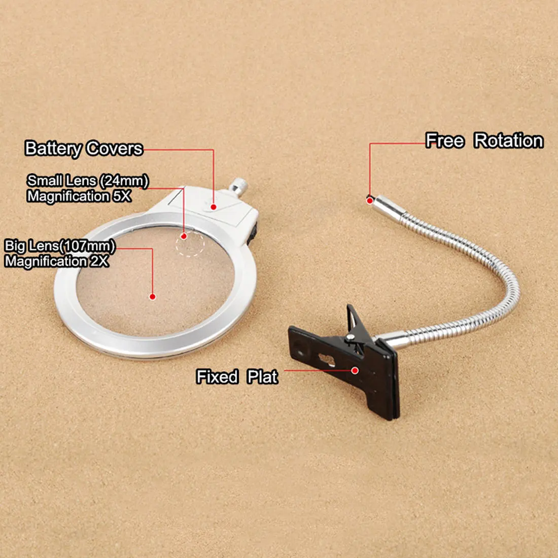 Для чтения 2.5x 5x увеличительное стекло с большим объективом с зажимом освещенная Лупа с зажимом на столешнице настольная светодиодный светильник