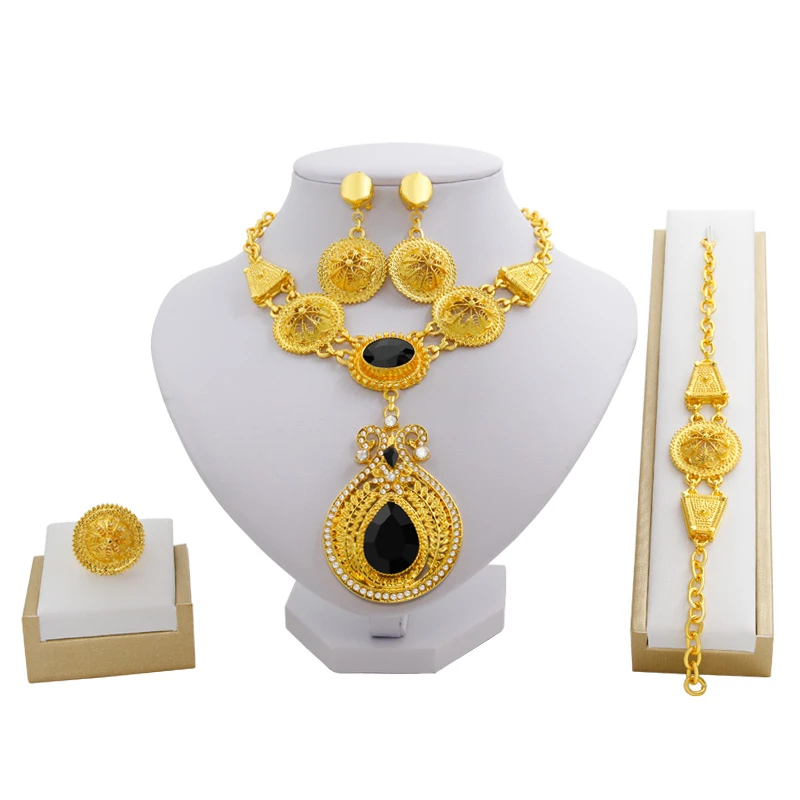 

Dubai Fashion Jewelry 24 Gold Pendant Necklace Ring Bracelet Jewelry Sets Resin Crystal Bride Wedding Pendant Earrings Jewelry