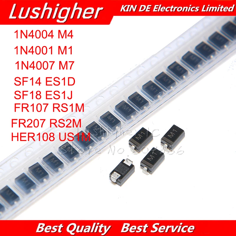 

100PCS 1N4001 M1 1N4004 M4 1N4007 M7 FR107 RS1M FR207 RS2M HER108 US1M SF18 ES1J SF14 ES1D DO-214AC SMA Rectifier Diode