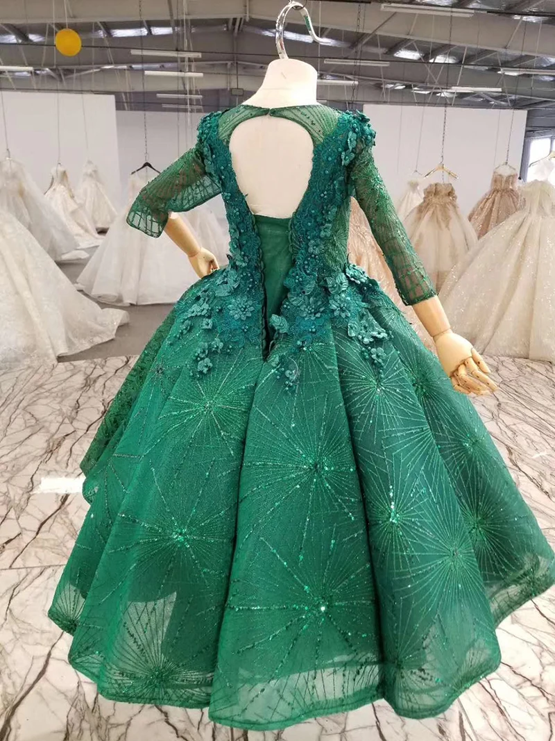 HTL0543 зеленое мусульманское платье для торжеств для девочек вечернее платье для первого причастия с круглым вырезом и объемными цветами для девочек vestidos floreados