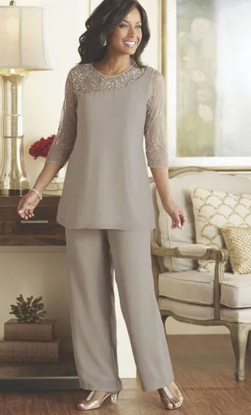 Silver Mother of the Bride Groom Pants Suits Dresses 2 Pieces Plus Size  Beaded 3/4 Long Sleeves Chiffon Women Wedding Guest Gown|Mother of the Bride  Dresses| - AliExpress