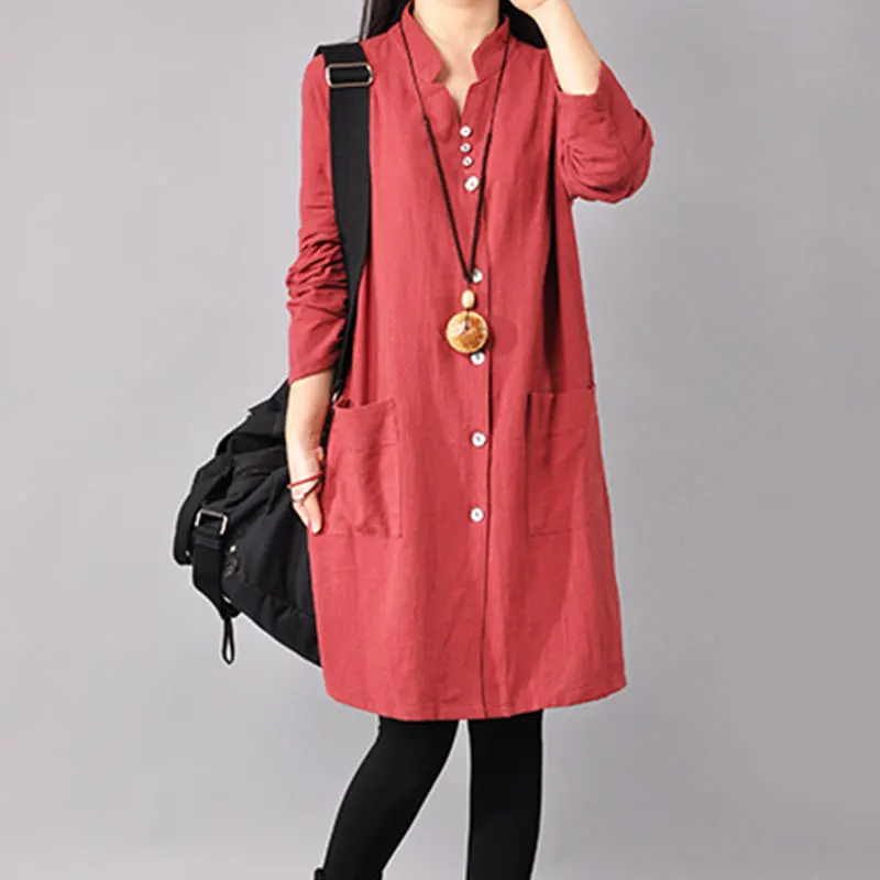 

National Style Spring Autumn Women Long Sleeve Shirt Dress Plus Size Cotton Linen Vintage Loose Casual Knee-length Dresses D142