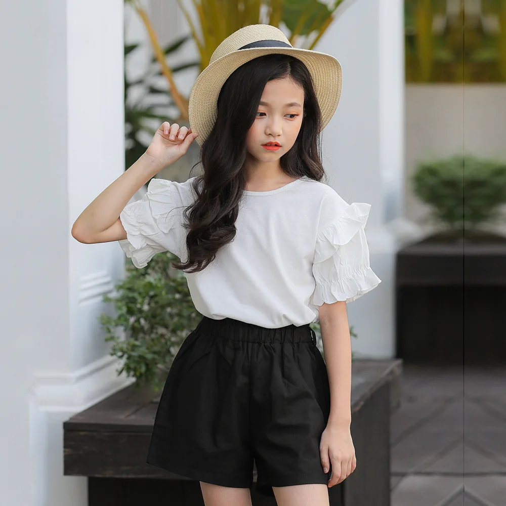 

2019 Girls Sumemr Clothes Set Short Sleeve Solid T-shirt + Shorts Pant 2pcs Teenage Fashion Toddler Girl Clothing Set 8 10 12 13