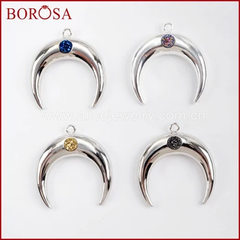 

BOROSA Wholesale Full Silver Color Horn Round Druzy Charms,6PCS Crescent Drusy Pendant Jewelry for DIY Necklace WX963