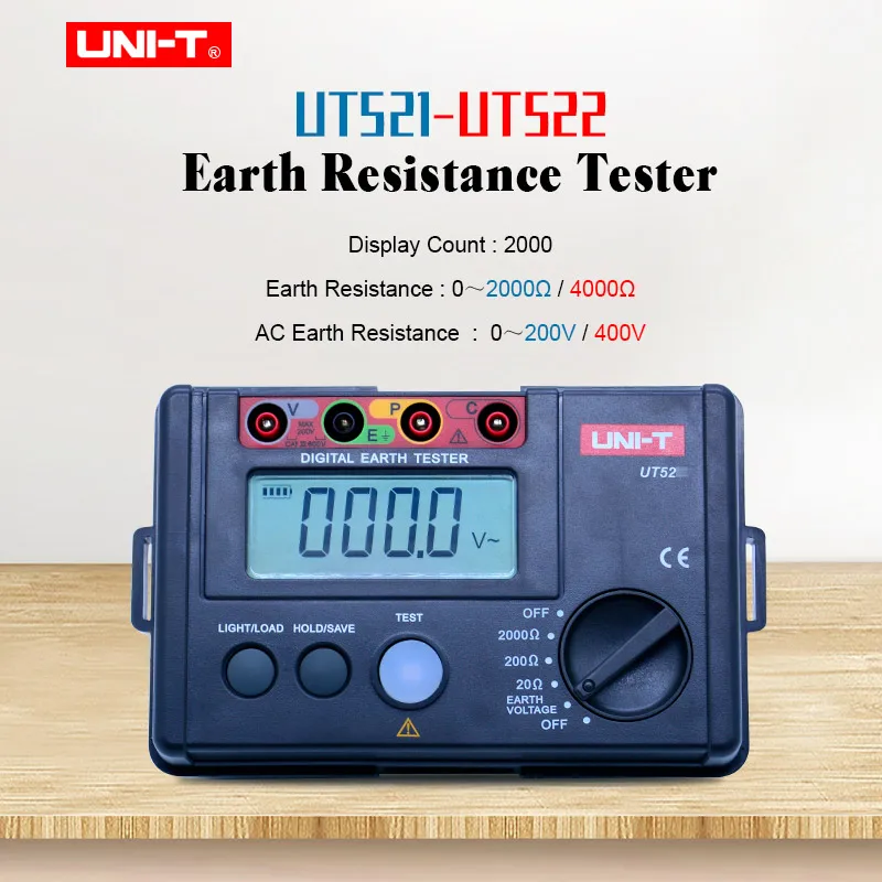 

UNI-T UT522 Digital Earth Ground Resistance tester 0-4000ohm 4000 count ohmmeter AC earth voltmeter Data hold with LCD backlight