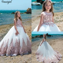 Princess Flower Girl Dresses Pageant Dresses For Girls Jewel Neckline Applique Flower Girl Dress Floor Length Girl Pageant Gowns lovely lace flower girl dresses hi low jewel neck pink long sleeve pageant dresses fluffy tiered satin girls pageant dress