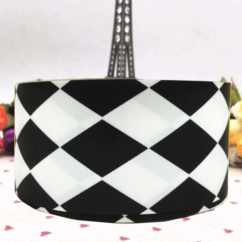 

Free delivery black and white chequered diamond shape 75mm grosgrain ribbon 10 yards handmade materials garment accessories