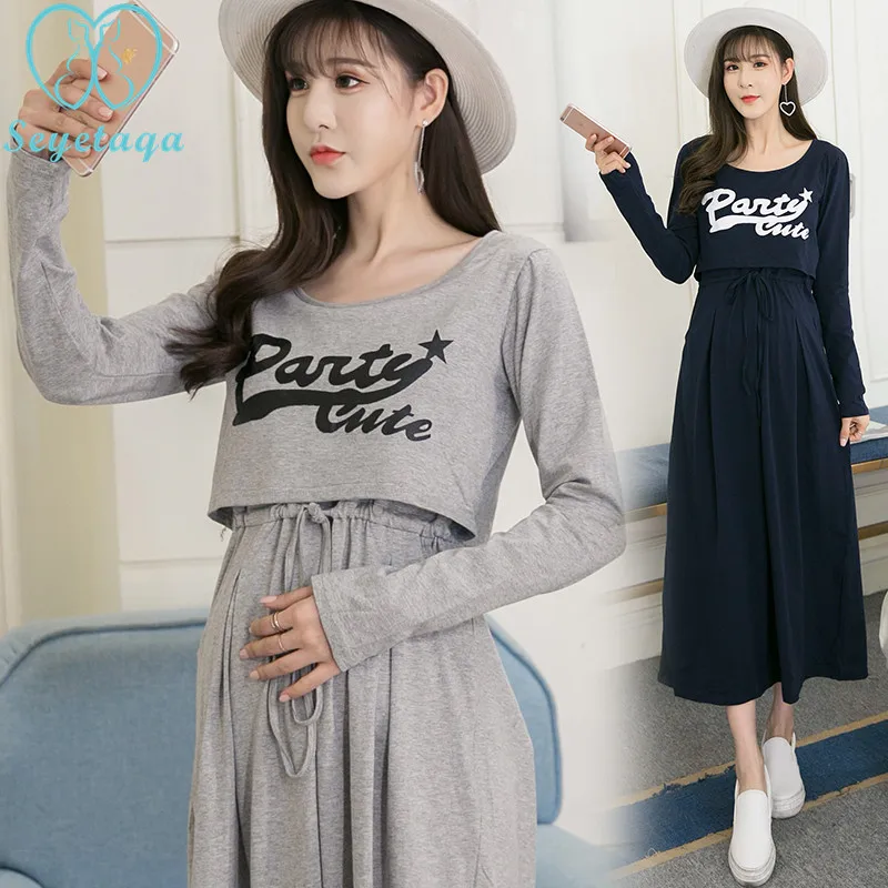 

627# Autumn Cotton Maternity Nursing Maxi Long Dress Ties Slim Waist Breast Feeding Clothes for Pregnant Women Spring Pregnancy