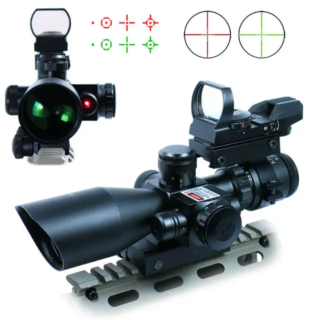 Best price at $108 Cheap 2.5-10X40 Riflescope Combo Hunting Tactical Airsoft Rifle Gun Scope w/ Red Laser & Holographic Green / Red Dot Sight