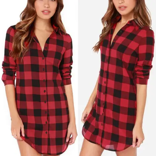 

Women Long Sleeve long Blouse Plaid Print Shirt Single Breasted Cotton Shirt women's shirt blouses top plus size M to 2XL