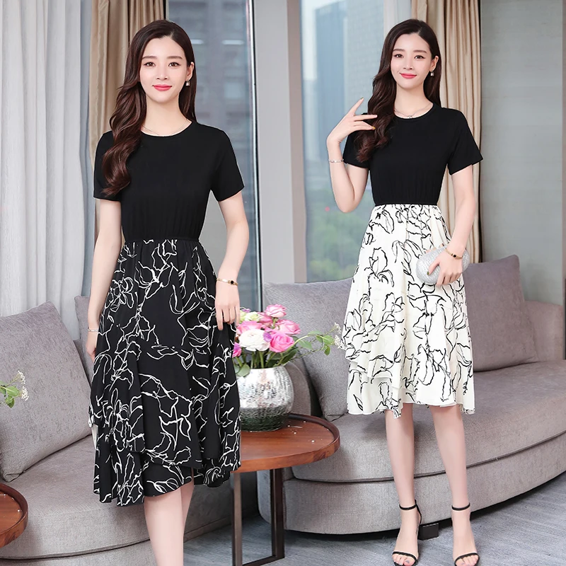

Summer Print Midi Chiffon Fake Two-piece Office Tshirt Dress Women Elegant Lady Patchwork Dress Vacation Casual Korean Dress New