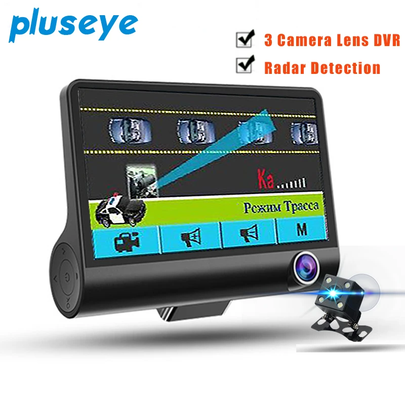 Pluseye 2 в 1 Автомобильный dvr Анти радар детектор 4 0 дюймов 3 объектива g сенсор тире cam