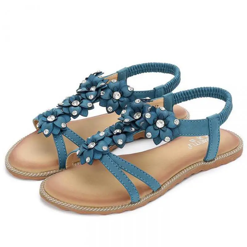 

Women Sandals Crystals Leather Summer Ladies Rhinestone Flower Comfortable Flat Beach Sandals Big Size 35~43 Beige Blue Sandal