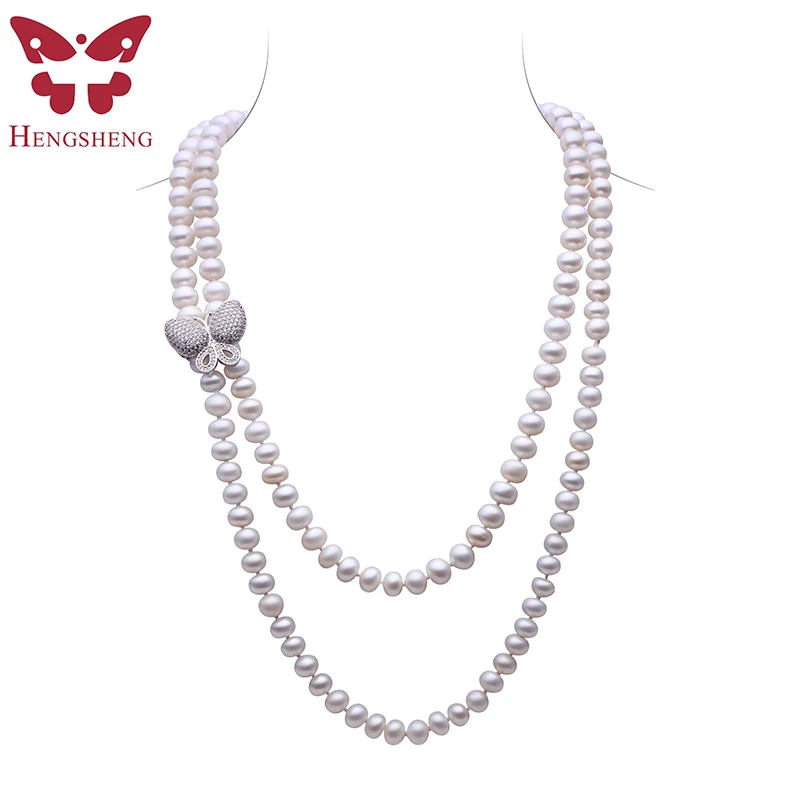 HENGSHENG White Freshwater Pearl Jewelry Necklace For Women 120cm Length Long Bread Round With Butterfly Buckle| |