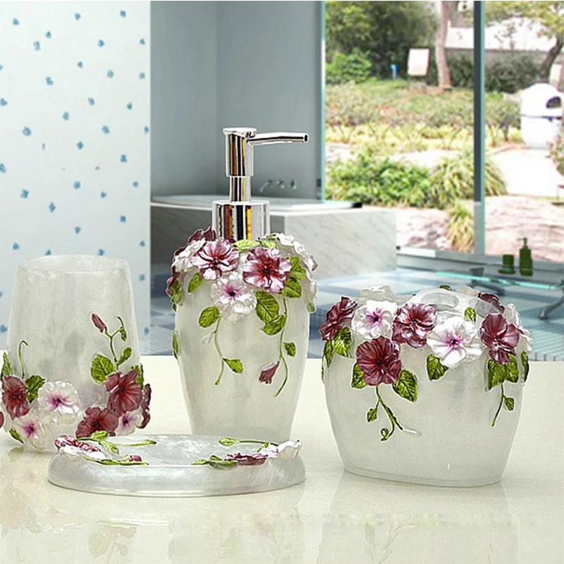 Romantic Flowers 5 Piece /set Bathroom Products Resin Bottle Cups Toothbrush Holder Bathroom Accessories Sets Wedding Supply Romantic Flowers 5 Piece /set Bathroom Products Resin Bottle Cups Toothbrush Holder Bathroom Accessories Sets Wedding Supply