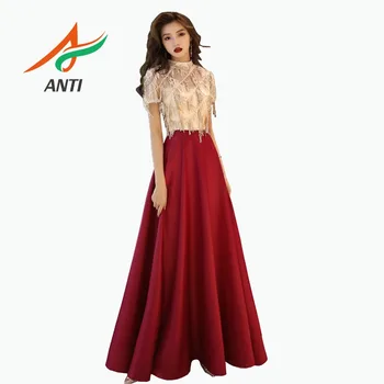 

ANTI 2019 Burgundy Sequins Evening Dresses With Short Sleeve High Neck Luxury Arabic Long Formal Party Gowns For Woman In Turkey