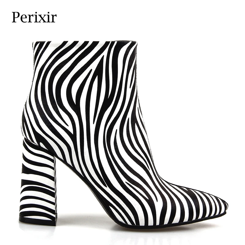 

Perixir Women Winter PU Flock Ankle Boots Pointed Toe High Heel 9 CM Square Heel Short Boots Striped Ankle Boots for Women