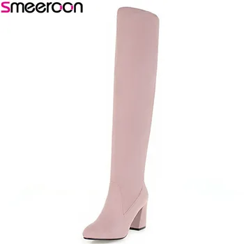 

Smeeroon women boots high heels slip on pointed toe over the knee boots for women autumn winter boots prom shoes big size 33-43