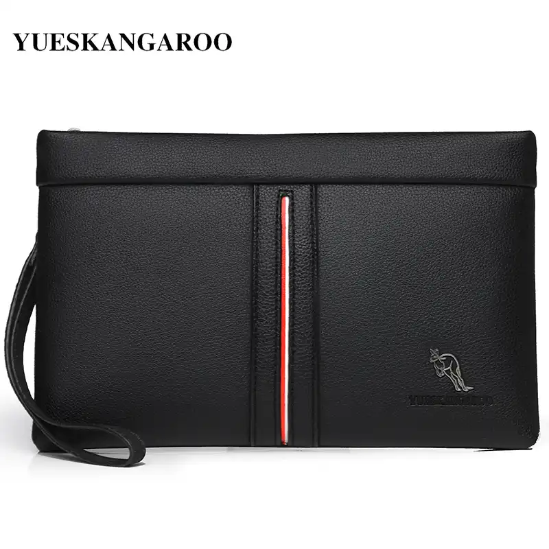 black leather clutch bag with wrist strap
