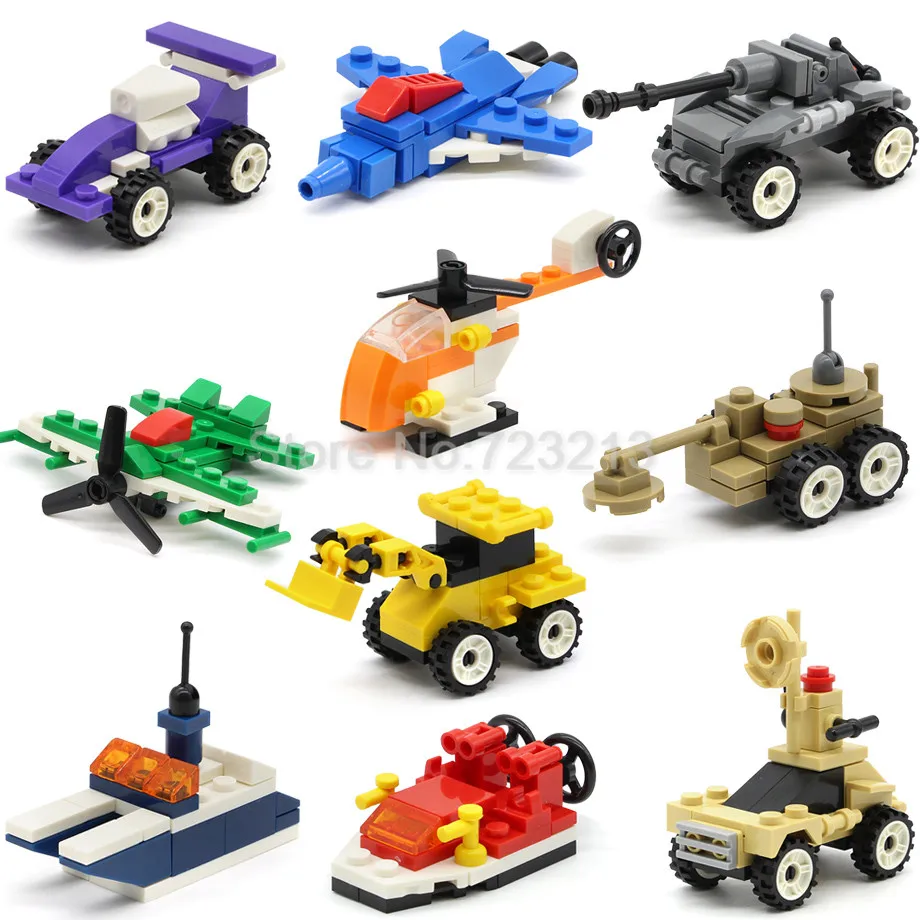 

10pcs/lot Vehicles Set Excavator Firefight Helicopter Yacht Tank Fighter City Military SWAT Building Blocks Model Toys