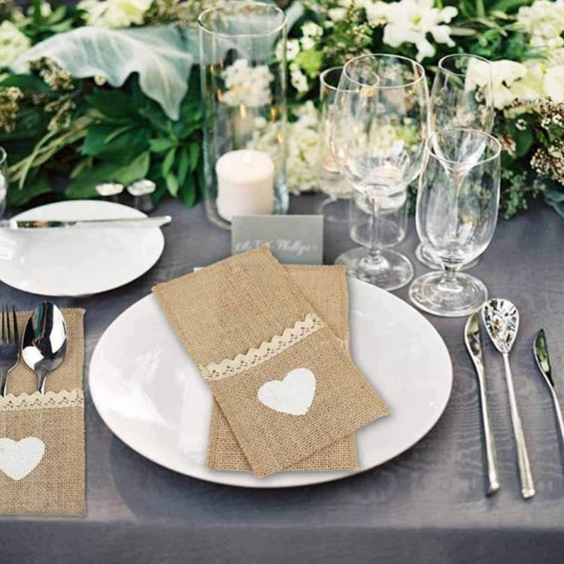 

100Pcs Jute Hessian Tableware Pouch Pocket Love Cutlery Knife Fork Holder for Rustic Wedding Party Decoration Supplies