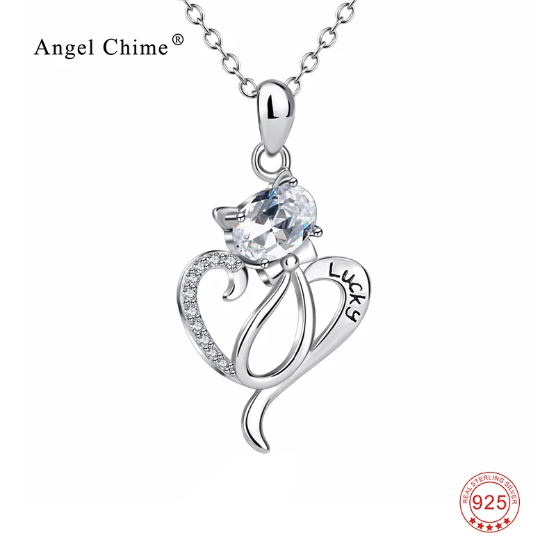 

Women Fashion 925 Sterling Silver Lovely Cat Choker Necklace Love Heart Cute Cat Crystal CZ Pendant Necklaces Collier Kolye
