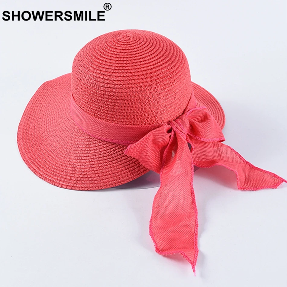 SHOWERSMILE большой соломенная шляпа с полями Для женщин 12 см Rosered женский головной убор от солнца модные бумажный с бантом Соломенная УФ-защита